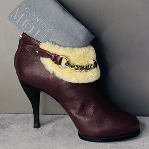 Alexander McQueen Burgundy Leather Shearling Trim Ankle Boots. Authentic
